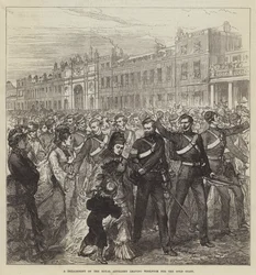 Een detachement van de Koninklijke Artillerie vertrekt uit Woolwich naar de Goudkust